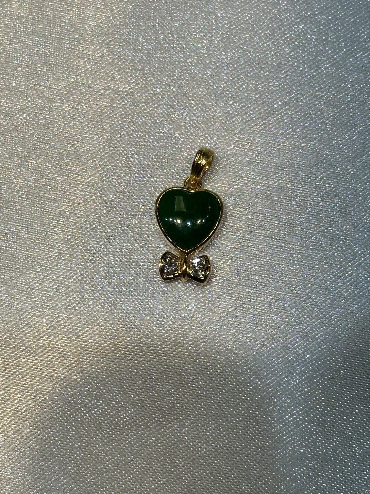 18k Jade Heart Diamond Bow Pendant