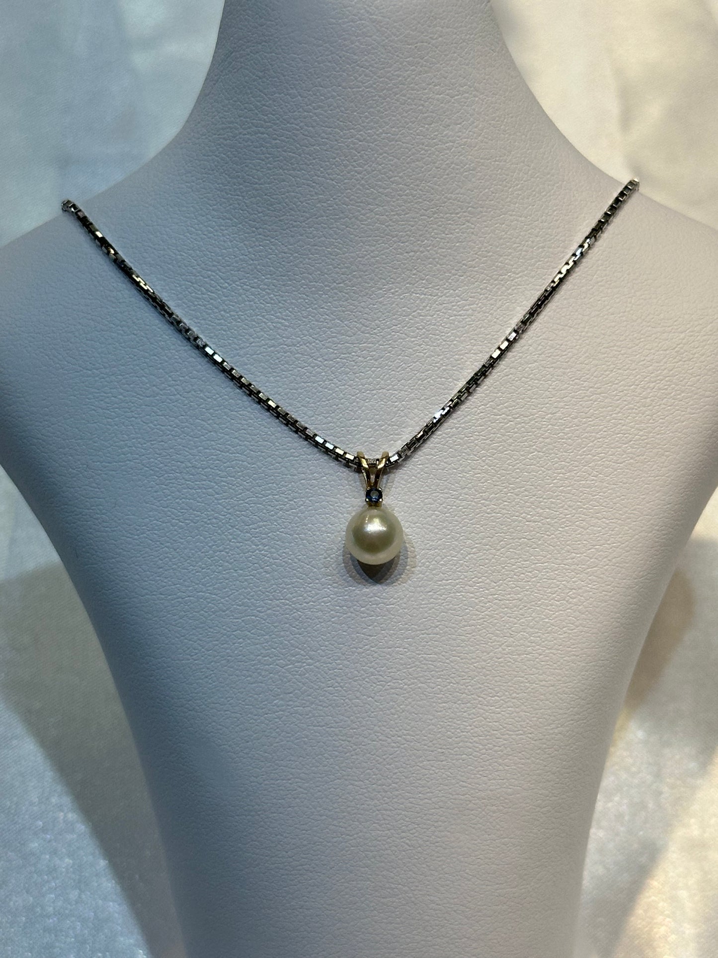 14k gold Sapphire and Japanese Pearl Pendant