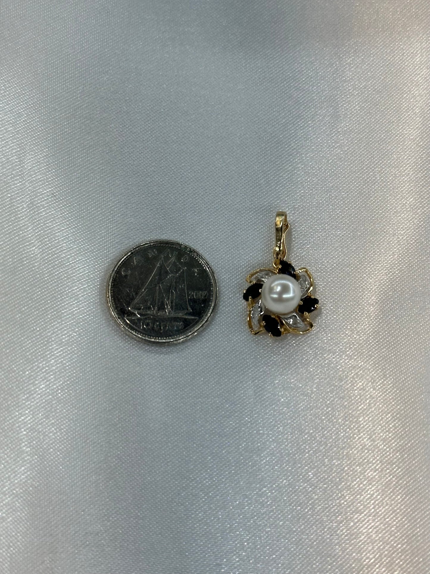 14k pearl, sapphire and diamond pendant