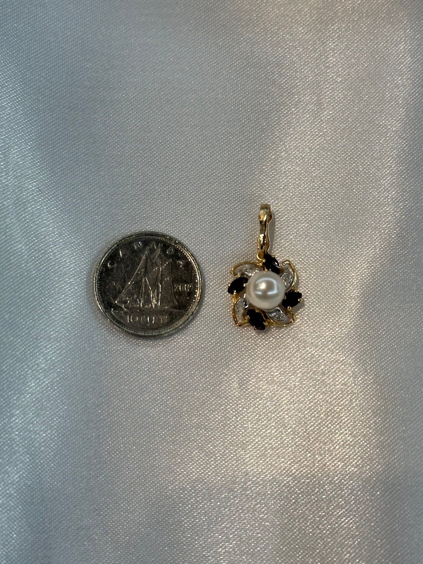 14k pearl, sapphire and diamond pendant