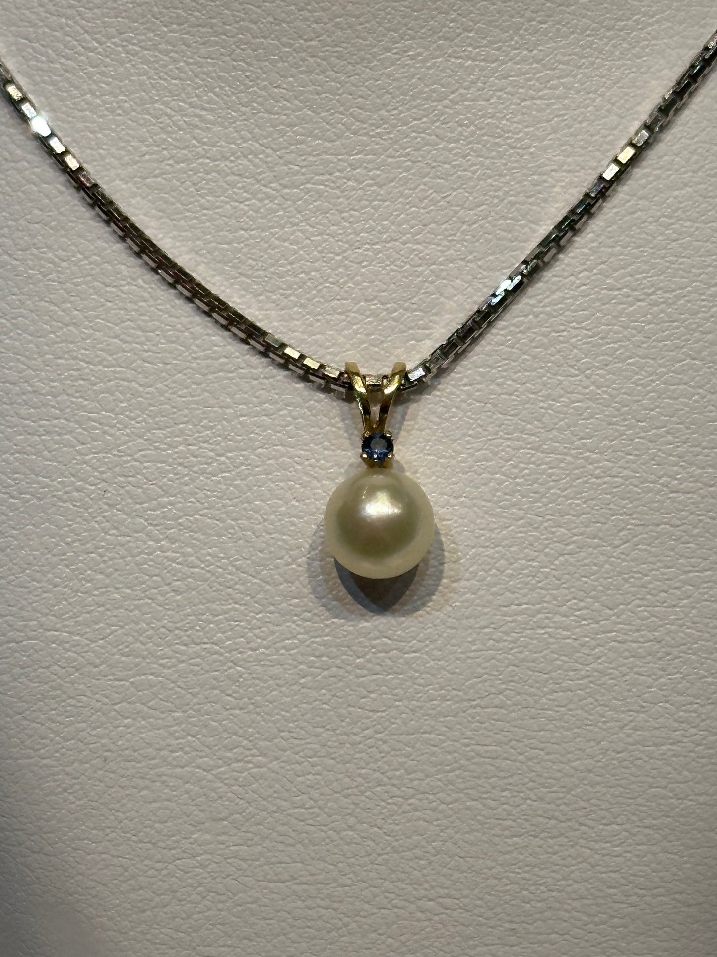 14k gold Sapphire and Japanese Pearl Pendant