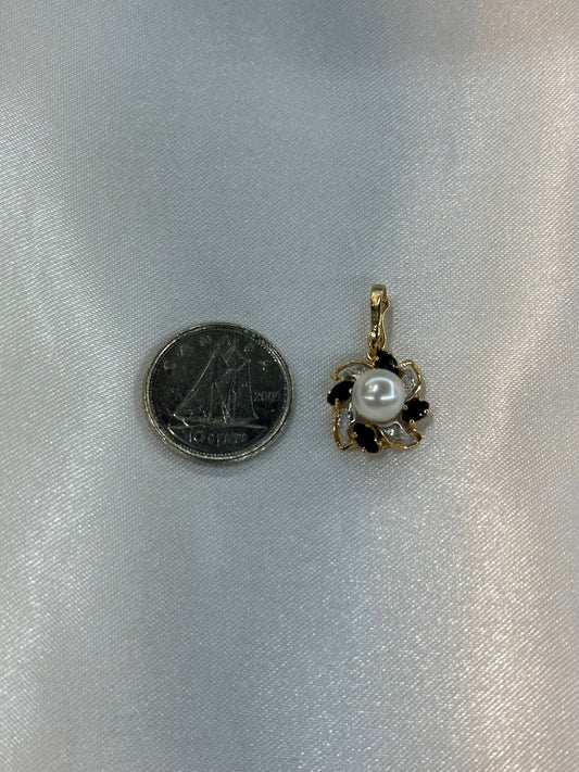 14k pearl, sapphire, diamond pendant